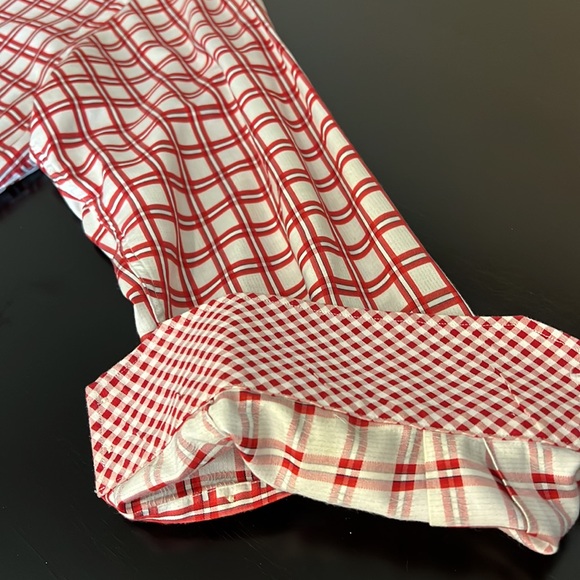 21. Neiman Marcus Men’s Cotton plaid dress buttondown Shirt, cream/red, size L - Picture 6 of 11